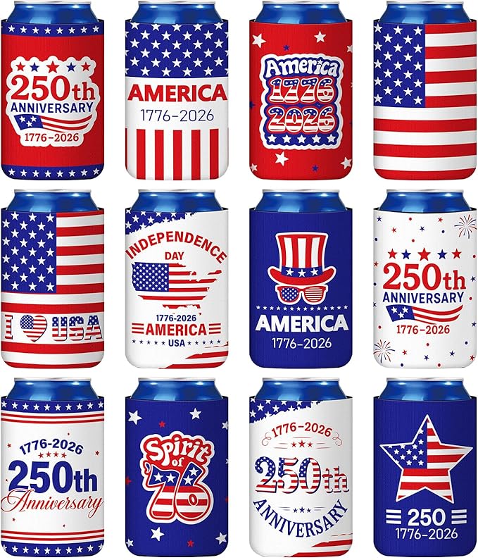 Yungyan 12 Pcs 4th of July American Can Cooler Patriotic Sleeves 250th Anniversary for 1776-2026 Independence Day Red Blue USA Flag Accessories Memorial Day for Party Favors Decoration(Classic Style)