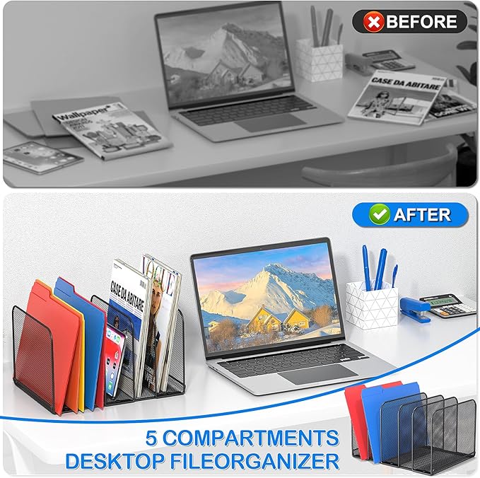 5 Sections Desk File Holder/Rack/Sorter,Mesh File Organizer,File Folder Organizer,Metal Upright Desktop Organization for Documents,Magazine,Kitchenware,Antiskid,Antirust,Sturdy,1 Pack