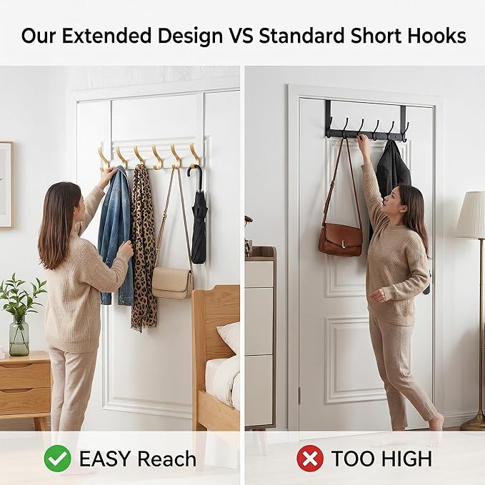 Large Over The Door Hooks, Sturdy Door Hanger with 12 Hooks, Door Towel Rack for Bathroom, Bedroom, Kitchen, Coat Rack for Hanging, Easy to Install (White Gold)