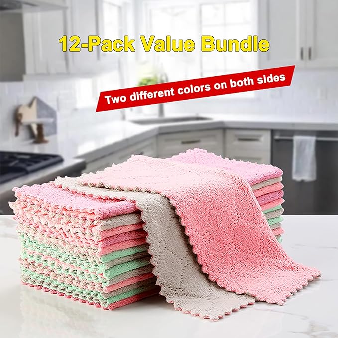 12-Pack Kitchen Cloth, Dish Towels, Microfiber Cleaning Cloths, Premium Coral Fleece Reuseable Fast Drying Cloths for Kitchen, Bathroom, Restroom and Household Cleaning Supplies, 10"×10"