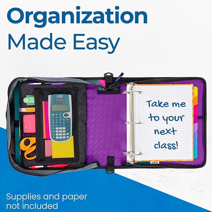 Case-it Mighty Zip Tab School Zipper Binder | 3-Inch O-Rings, 600-Sheet Capacity, 5-Subject Expanding File Folder, Multiple Pockets & Storage Organizer, Shoulder Strap | D-146 Deep Purple | 6 Pack