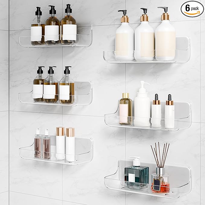 6 Pack Acrylic Bathroom Shelves, Clear Adhesive Stick on Shelf with 12 Pack Adhesive