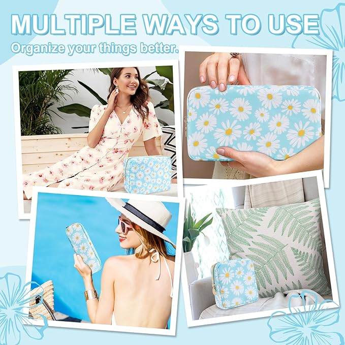 Waterproof Small Floral Pencil Case Makeup Bag for Purse, Cute Flower Pencil Pouch Preppy Nylon Makeup Brush Holder with Zipper, Girls Portable Storage Case Small Pen Bag for Work (Slim Blue-Daisy)