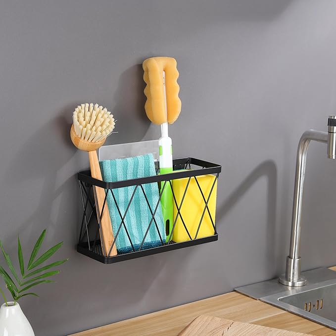 YIGII 3 Pack Adhesive Cabinet Organizer - Wall Mounted Pantry Door Organizer Bin Holder for Tupperware Lid Kitchen Wall Under Sink Basket Slim Space Black Stainless Steel