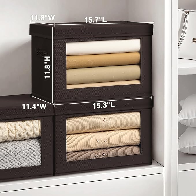 Stackable Storage Bins with Lids - Large Storage Box with Lids, Foldable Closet Boxes for Organizing, Wardrobe Clothes Organizer with Window, Cubes Bins for Living Room, 6 Pack, Brown