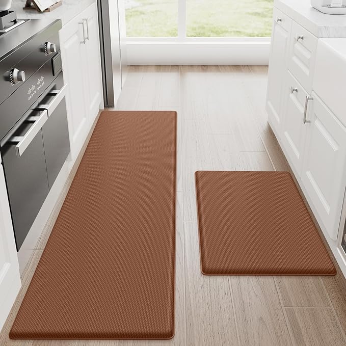 StepRite Kitchen Mats, 2PCS Kitchen Rugs, Cushioned Anti Fatigue Kitchen Mats for Floor, Non-Slip Standing Desk Mat, Waterproof Kitchen Rug Set for Floor, Office, 17.3"x30"+17.3"x59", Terracotta Brown