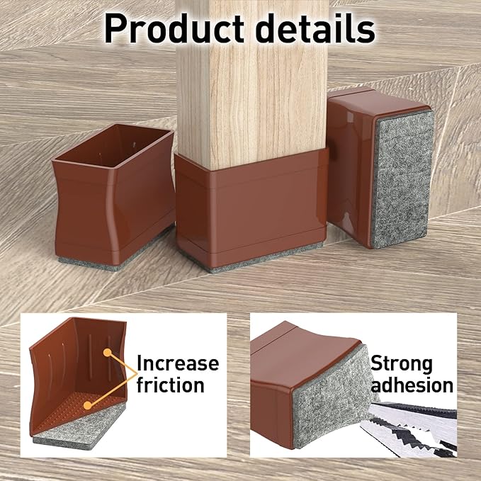 1" x 1.5" Rectangle Chair Leg Floor Protectors for Hardwood Floors Silicone Covers to Protect Wood Tile Floors Felt Pads Furniture Leg Caps Reduce Noise,Easy to Move.16 PCS Brown.