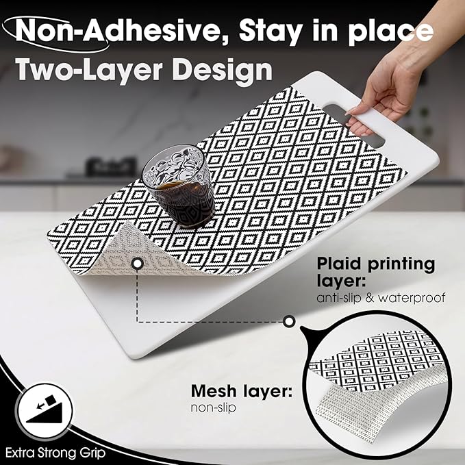 Drawer and Shelf Liner, Non-Slip Kitchen Cabinet Liners Non-Adhesive Thick Strong Grip Waterproof Washable Mats Protect Dresser Shelves Cupboard Bathroom Cabinets, Black & White, 18 in X 30 FT