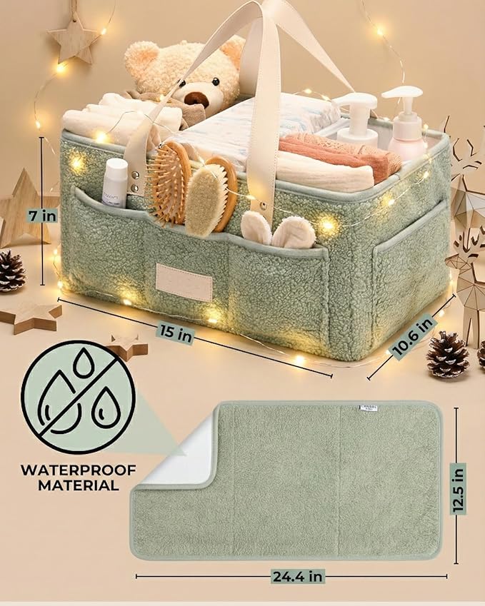 Baby Diaper Caddy Organizer with Portable Changing Mat - Teddy Fleece Diaper Organizer for Changing Table - Basket for Changing Essentials - Baby Essentials Organizer with Removable Dividers