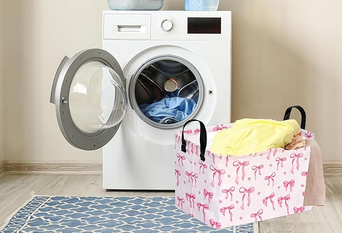 Rec Pink Bowknot Print Storage Box Clothes Hamper Basket Collapsible Organizer Bin Gift Shelf Baskets for Home and Kitchen Storage.