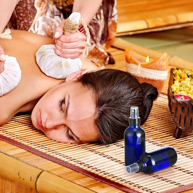 Fumete 2 Pack Glass Bottles 4oz Empty Refillable Liquid Containers with 1 Label 1 Funnel for Essential Oils Hair Travel Plants Cleaning Skin Care(Blue, Black Top,Mist Bottle)