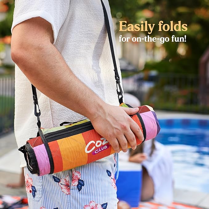 Cozy Club Waterproof Picnic Blanket Foldable Outdoor Mat with Pocket, Stakes & Shoulder Strap | Sandproof, Durable & Portable for Beach, Camping, Sporting Events & Travel | US Brand