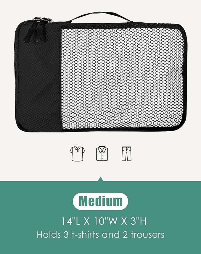 4-Piece Packing Cubes Travel Accessories Set for Suitcases - Luggage Organizer Bags with Double Zipper - Mesh Top - Medium - Black