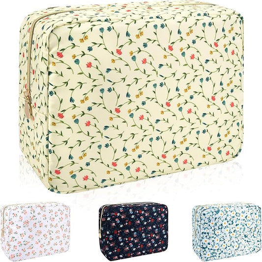 Waterproof Nylon Large Makeup Bag Travel Pouch, Floral Preppy Big Cosmetic Bag Make Up Organizer Toiletry Bag with Zipper, Large Capacity Cute Zipper Pouch Storage Bag for Women Girls(Vine Flower)