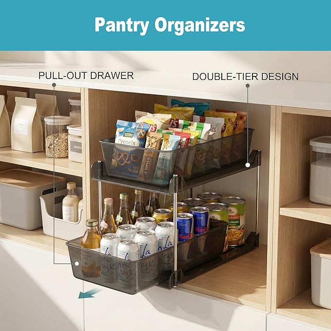 2 Pack 2 Tire Under Sink Organizer, Bathroom Organizers and Storage,Cabinet Drawers Bins, Pull-Out Organization with Track for Pantry, Kitchen,Fridge,Vanity Countertop (Black Clear