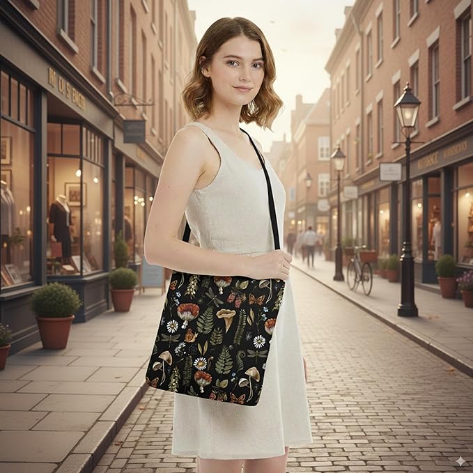 BeeGreen Mushrooms Ultimate Crossbody Tote Bag - Reusable Grocery Shopping Bag - Foldable Compact Portable Lightweight Duffle Bags