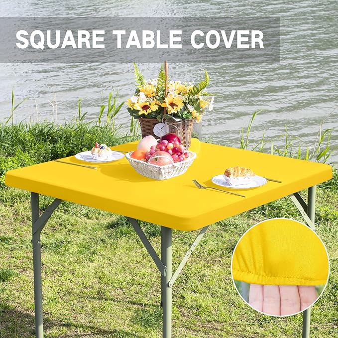 Square Fitted Table Cover Elastic Tablecloth Stretch Spandex Table Topper Cap Cover for Dining Kitchen Home Party Yellow 34X34 Inch