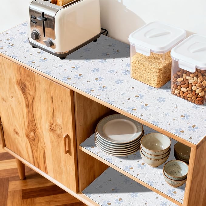 FIFTY FEET 12"x120" Non-Adhesive Shelf Liner for Kitchen Cabinets and Drawers, Washable Non-Slip PVC Cabinet Liner (White Floral)(1 Roll)