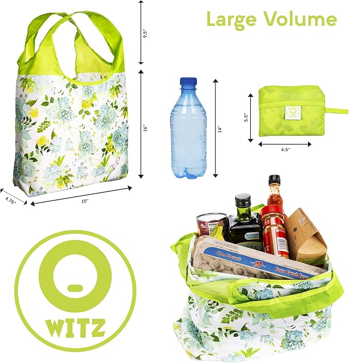 O-WITZ Reusable Grocery Bags | Vibrant Tote Bag For Groceries, Gym, Office, Beach, Toys & More | Washable Design With Large Handles For Maximum Convenience | Folds Into A Small Pouch, Vintage Green
