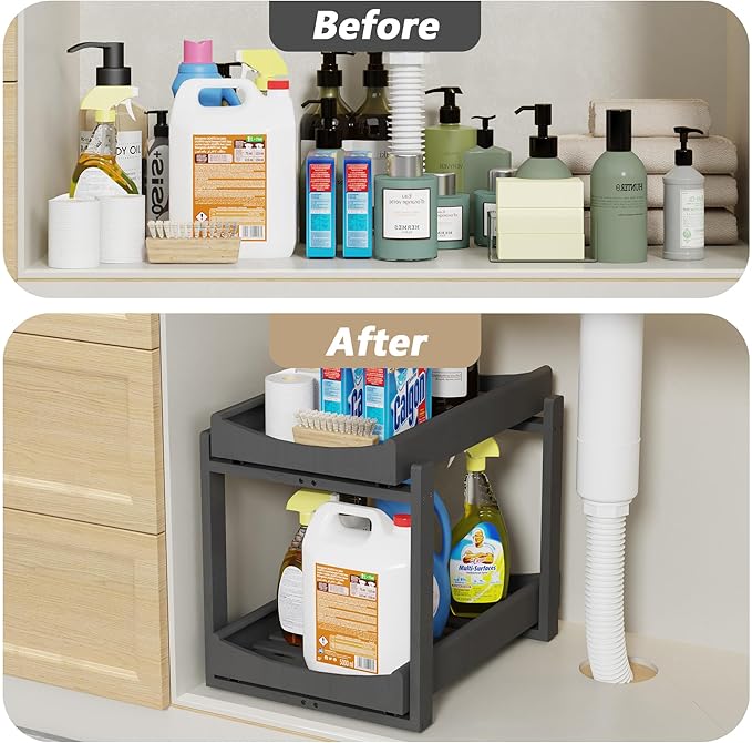 Wisuce Essentials Bamboo Under Sink Organizer Adjustable Height 2-Tier Bathroom Organizer Pull-Out Cabinet Storage Heavy Duty Wood Slide Out Shelf for Kitchen Bathroom (Black, 1 Pack)