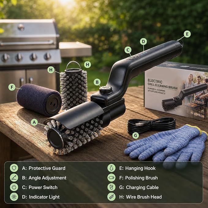 Electric Grill Brush for Outdoor Grill, BBQ Grill Cleaner with 2 Brush Heads, 3-Speed Cordless Rotary Brush, Adjustable Angle, 150-Min Runtime, Grill Cleaning Tool for Barbecue Grates