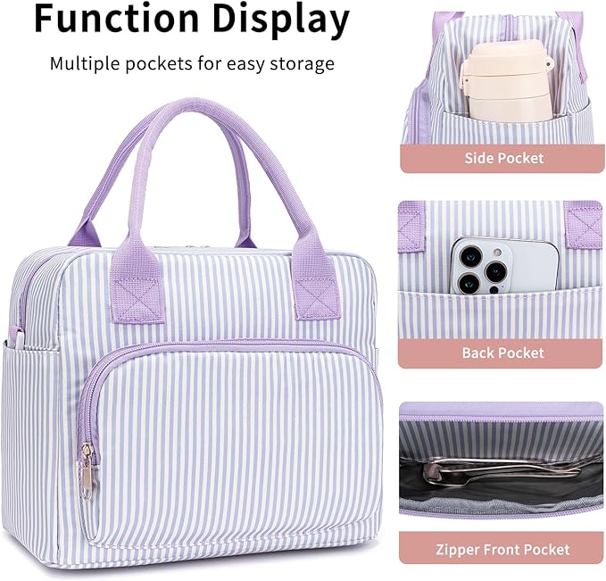 Lunch Bag Women Lunch Box for Women Adult Cute Insulated Lunch Bag Lager Cooler Lunch Tote Bags for Work Picnic (Purple Stripes)