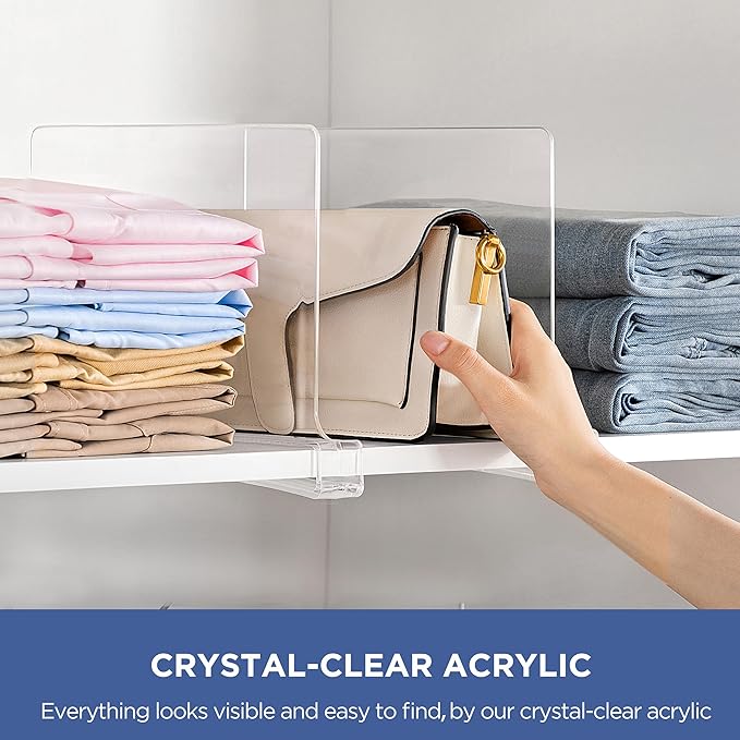 HBlife 24 Pack Clear Shelf Dividers, Vertical Purse Organizer for Closet Perfect for Sweater, Shirts, Handbags in Bedroom and Kitchen, Adjustable Acrylic Bookshelf for Organization