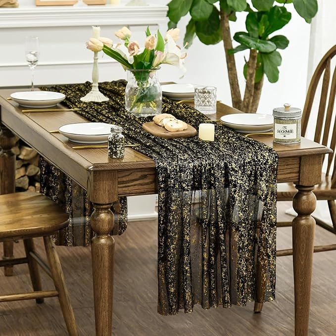 Horaldaily Black Gold Gauze Tablecloth 52x70 Inch Rectangular, Golden Sequin Glitter Metallic Foil, Sheer Tulle Cheesecloth for Wedding Baby Shower Ceremony Birthday