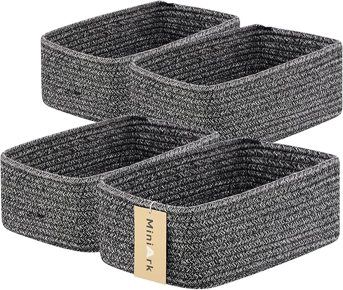 MiniArk Small Storage Baskets for Organizing | Closet Organizer Bins | Shelf Toy Basket | Woven Rope Baskets | Cube Decorative Box | Shallow Basket | 11.5x7.5x4.7” | 4 Packs Dark Gray