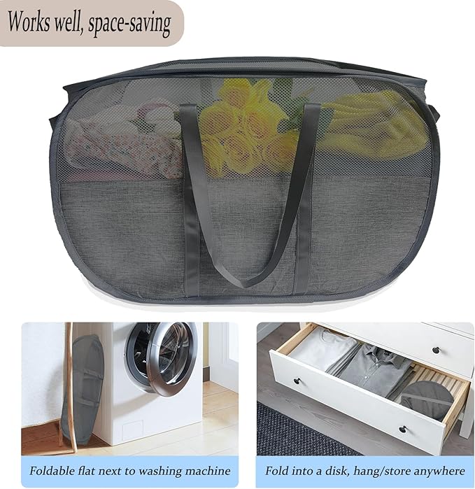 Upgraded 100L Collapsible Laundry Basket, Extra Large Mesh Pop Up Laundry Hamper, Dirty Clothes Hamper with long Handles, Pop-up Hampers for Laundry Travel. Dorm or Home Portable Laundry Basket. Black