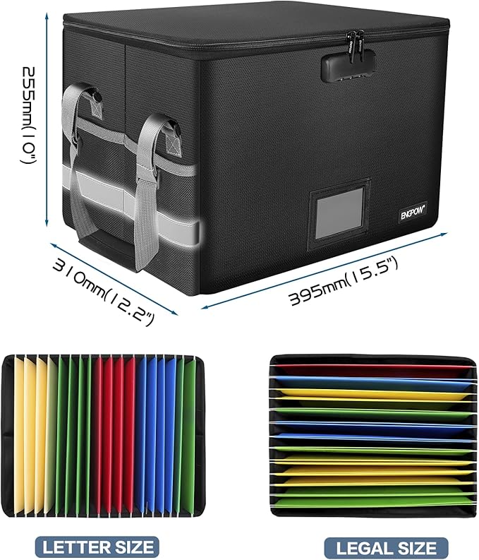 ENGPOW File Box with Lock, Fireproof Document Box with Pockets, Collapsible File Organizer Filing Storage Cabinet with Handle, Portable Home Office Safe for Hanging Letter/Legal Folders, Black, 2 Pack