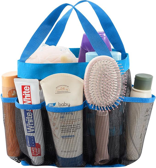 Lifewit Mesh Shower Caddy Portable for College Dorm Room Essentials with 7 Pockets, Freestanding Hanging Organizer Basket, Quick Dry Tote Bag for Camping, Bathroom, Beach, Travel, 1 Pack, Blue