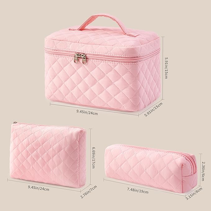 HBselect Quilted Makeup Bag, 3PCS Cotton Large Travel Makeup Bag, Cute Floral Coquette Make up Bag Cosmetic Bag Toiletry Bag for Women Girls