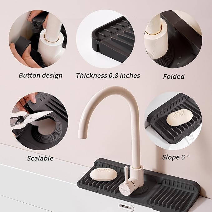 14.57" Silicone Sink Splash Guard - Essential Kitchen Sink Accessory with Drip Tray, Sponge Holder & Soap Dish, 6°Slope for Easy Drainage, Foldable & Fasten Button for Perfect Fit（Black）