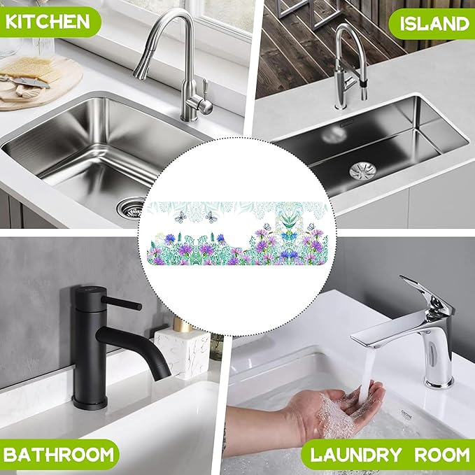 Kitchen Sink Splash Guard Faucet Mat Super Absorbent Fast Drying Mat Guard Behind Faucet Drip Catcher for Kitchen Bathroom (Watercolor Flowers Butterflies, 23.5"X5.5")