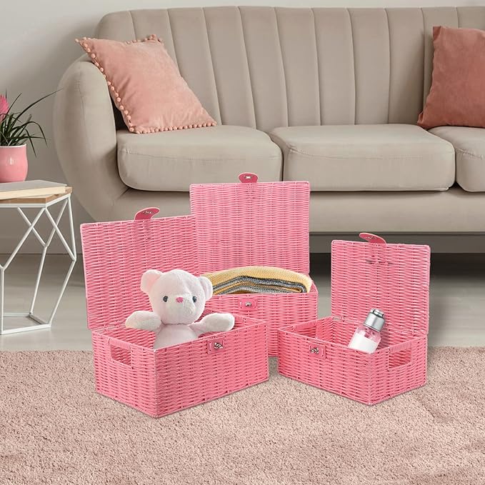 Honygebia Pink Wicker Storage Baskets - Set of 3 Decorative Nesting Boxes with Lids, Woven Basket with Lock & Handle, Organizer for Beauty Makeup Bathroom Decor