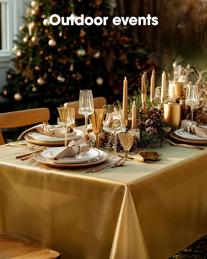 Pureegg Plastic Table Cloth Disposable 10 Pack, 54 x 108 Inch Table Cloths, Graduation Decorations, Thanksgiving, Christmas Tablecloths, Rectangle, Plastic Cover, Leakproof & Sturdy, Gold