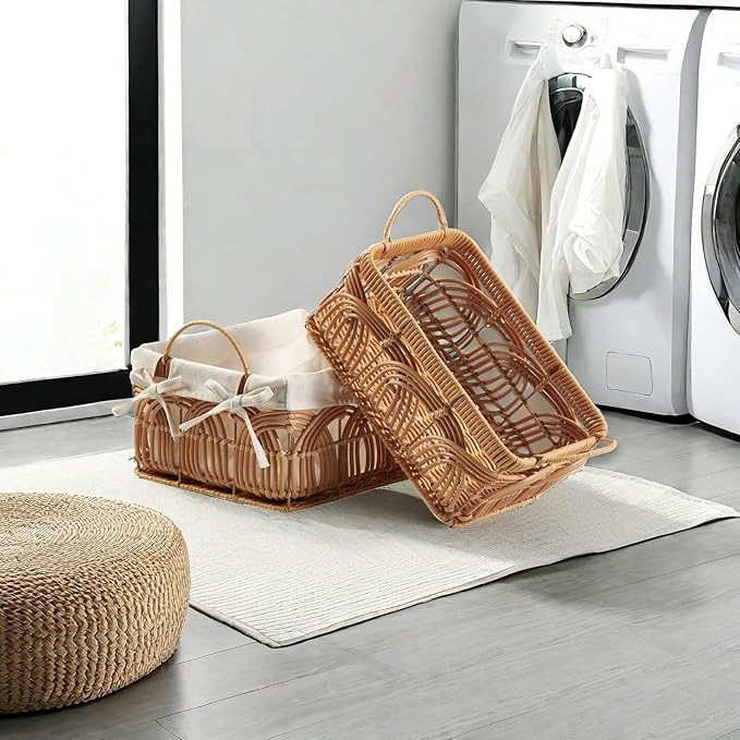 VinneGenzz 2PCS Plastic Wicker Storage Baskets Set Decorative Bohemian Handmade Woven Bathroom Boxes Bins Shelf Closet Cloth Toilet Paper Container Laundry Organizer with Handles Removable Liner