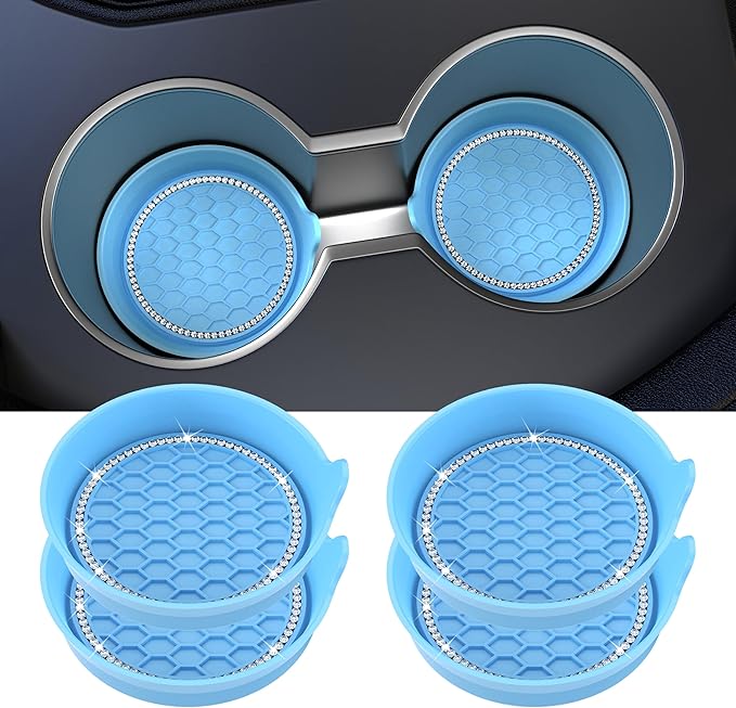 Amooca Car Cup Coaster Universal Non-Slip Cup Holders Bling Crystal Rhinestone Car Interior Accessories 4 Pack Light Blue
