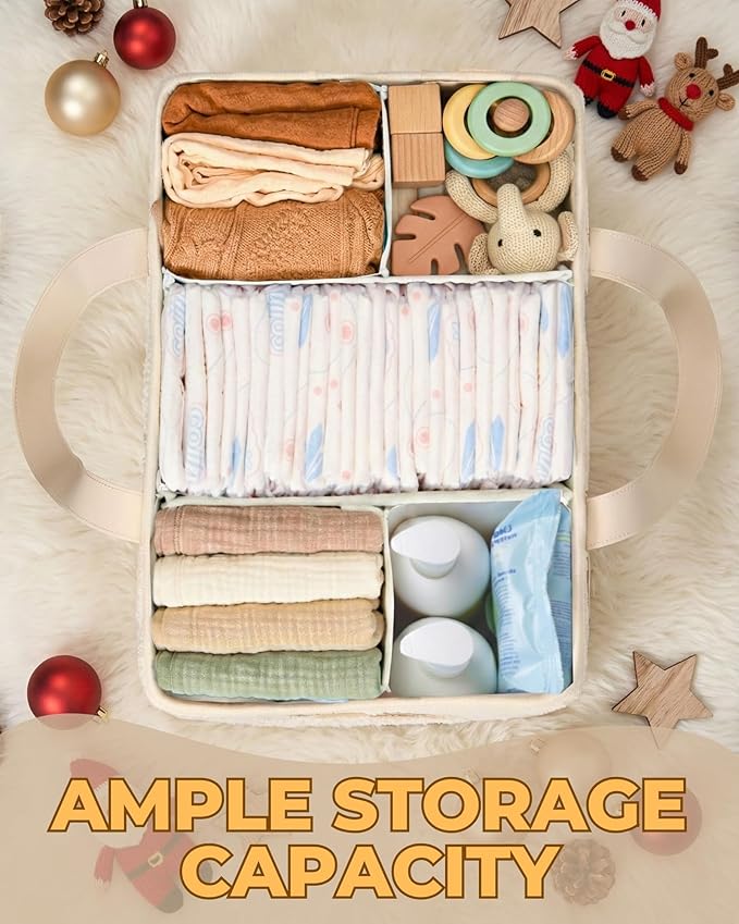 Baby Diaper Caddy Organizer with Portable Changing Mat - Teddy Fleece Diaper Organizer for Changing Table - Basket for Changing Essentials - Baby Essentials Organizer with Removable Dividers