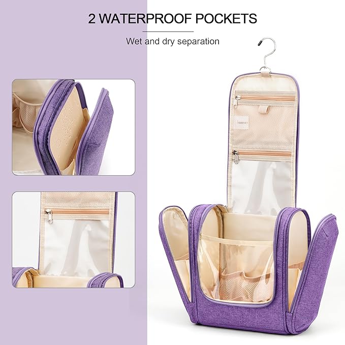 Travel Hanging Toiletry Bag for Women and Men, 6 Organizer Compartments, Holds Full Size Bottles, Extra Large Cosmetic Accessories, Makeup Essentials, Bathroom Water-Resistant Toiletry Bag, Purple