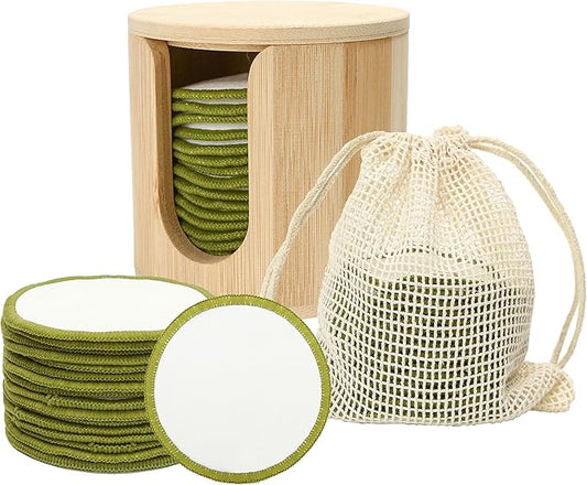 16PCS Reusable Cotton Pads Makeup Remover Face Cotton, Bamboo Storage Box Soft Facial Round, Washable Laundry Zero Waste Cleansing Wipes Storage Bamboo Box Bag Holder for Skin Care Gifts Exfoliating