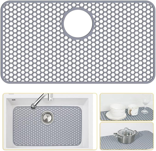 Silicone Sink Protectors for Kitchen Sink with Rear Drain - 26"x 14" Kitchen Protector Accessory, Non-Slip Heat Resistant Grid Mat for Bottom of Farmhouse Porcelain Stainless Steel (Rear Hole)
