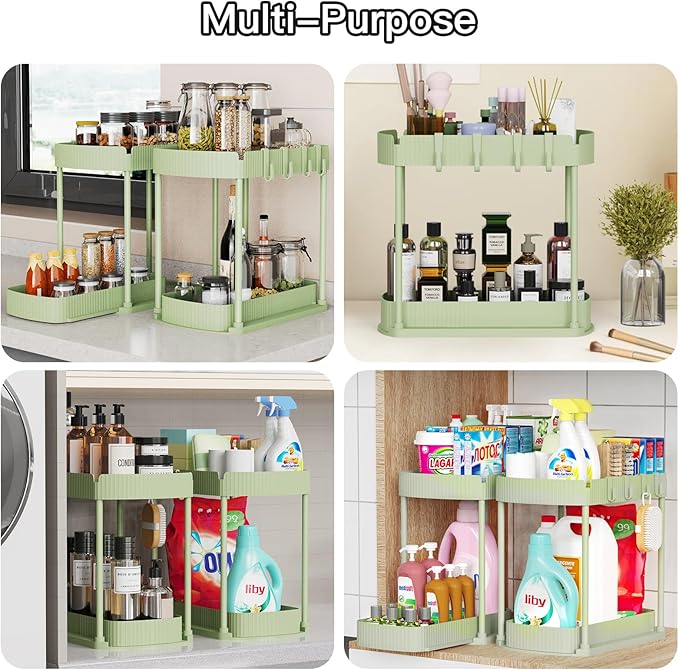 2 Pack Multi-Purpose Pull-Out Storage Organizers, Under Sink Organizers and Storage for Bathroom & Kitchen, Under Cabinet Organizers and storage, 14.8 Inch, Green