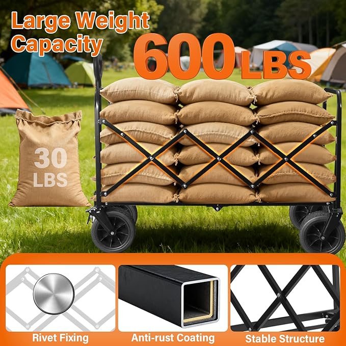 Extra-Large Heavy-Duty Wagons carts Foldable with 600-lbs Capacity & Giant 4" All-Terrain Tank Wheels – Ideal for Beach, Camping, Grocery Hauling and Outdoor Adventures