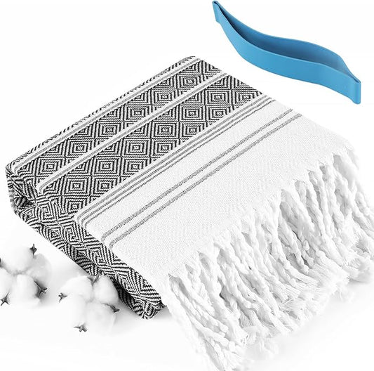 Genovega Oversized Cotton Turkish Beach Bath Towel Set 74"x38" Extra Large Sand Free Quick Dry Swim Camping Pool Clearance Towels Travel Blanket Adult Essentials Stripe Black