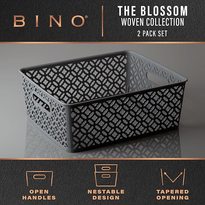 BINO l Plastic Storage Baskets, Large - Grey l THE BLOSSOM COLLECTION l Multi-Use Organizer Bin l Built-in Handles l Plastic Woven Basket for Organizing l Pantry & Home Organizing Basket
