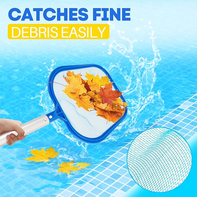 Pool Skimmer Net, Professional Swimming Pool Leaf Skimmer with Heavy Duty Frame, Fine Nylon Flat Mesh for Fast Debris Cleaning, for Above Ground & In-Ground Pools