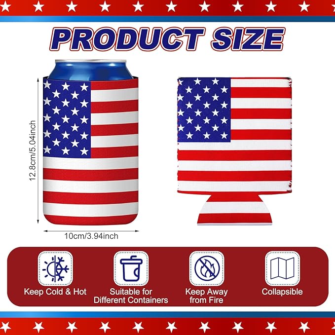 Yungyan 12 Pcs 4th of July American Can Cooler Patriotic Sleeves 250th Anniversary for 1776-2026 Independence Day Red Blue USA Flag Accessories Memorial Day for Party Favors Decoration(Classic Style)