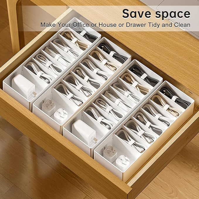 PAVSTINE 2 Pcs Cable Organizer Box with Wire Ties, Plastic Cord Charger Storage Box with 8 Compartments, Electronics and Home Office Desk Drawer Stationery Organizer, Stackable, White